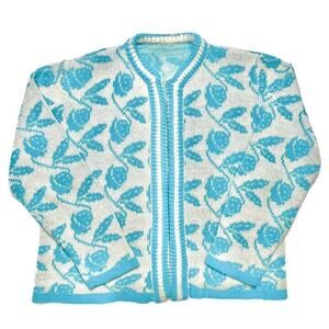 Vintage 70s Handmade Strawberry Knit Cardigan Sweater Blue White Open Front